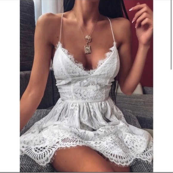 Two Sisters The Label Dresses & Skirts - Two Sisters Aurelia Dress White Lace Plunge V Neck Mini Bridal Shower Rehearsal